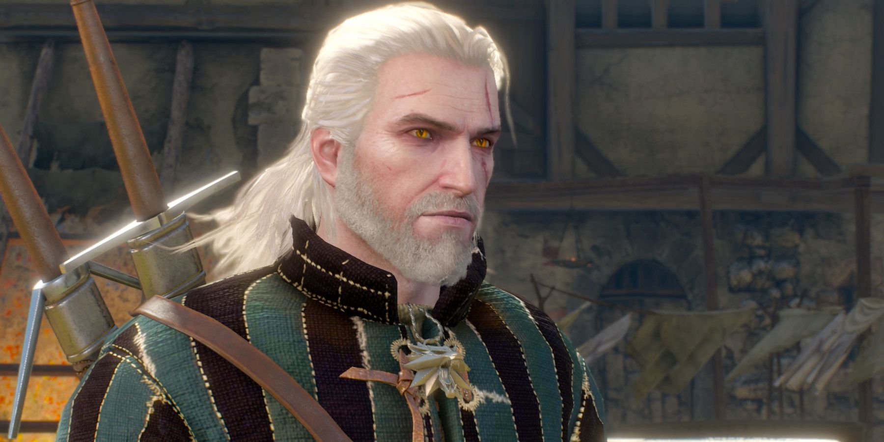 A closeup of Geralt from The Witcher 3: Wild Hunt game
