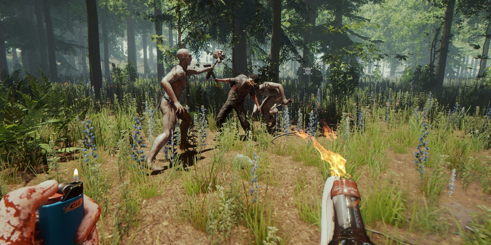 Mutants attacking another person as the player watches in The Forest