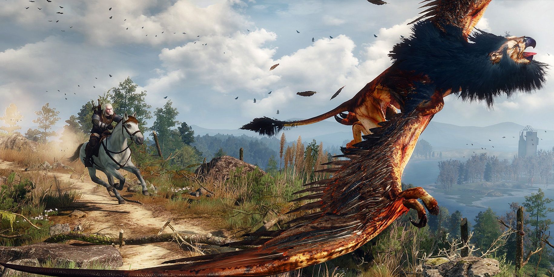 Geralt riding a horse chasing a flying monster in The Witcher 3: Wild Hunt