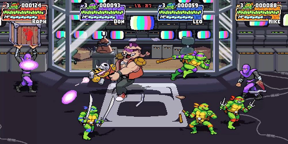 Leonardo, Michaelangelo, Raphael, and Donatello battle Bebop