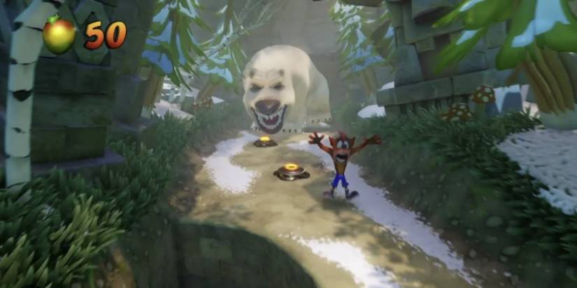 Crash Bandicoot is running away from a giant angry polar bear in the level Un-Bearable from Crash Bandicoot 2