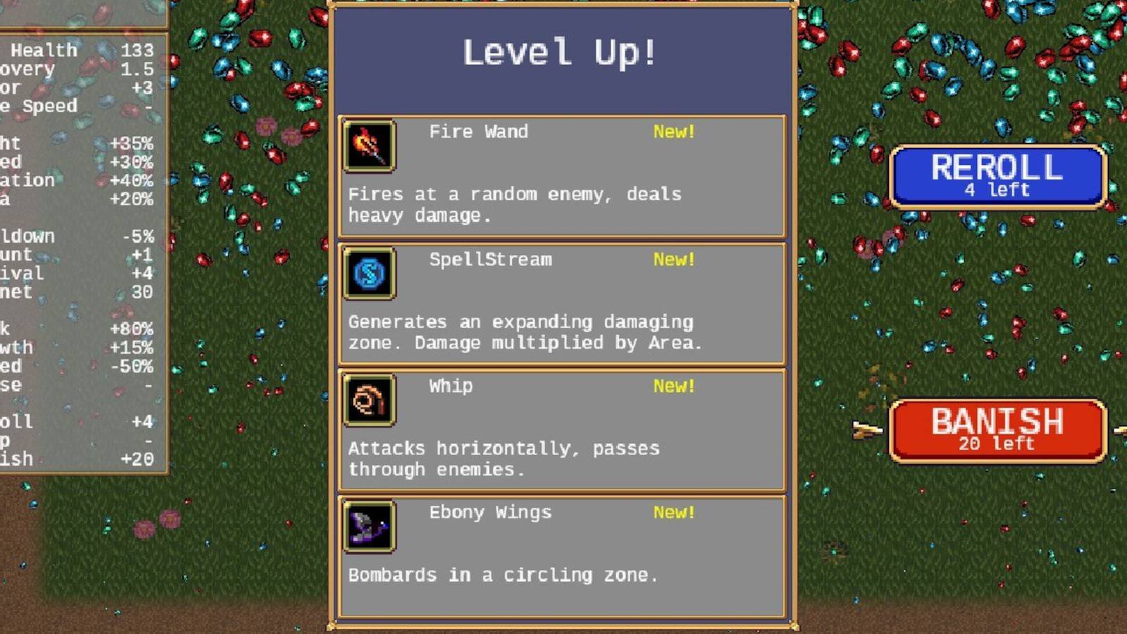 vampire survivors banish 20 weapons in a single run