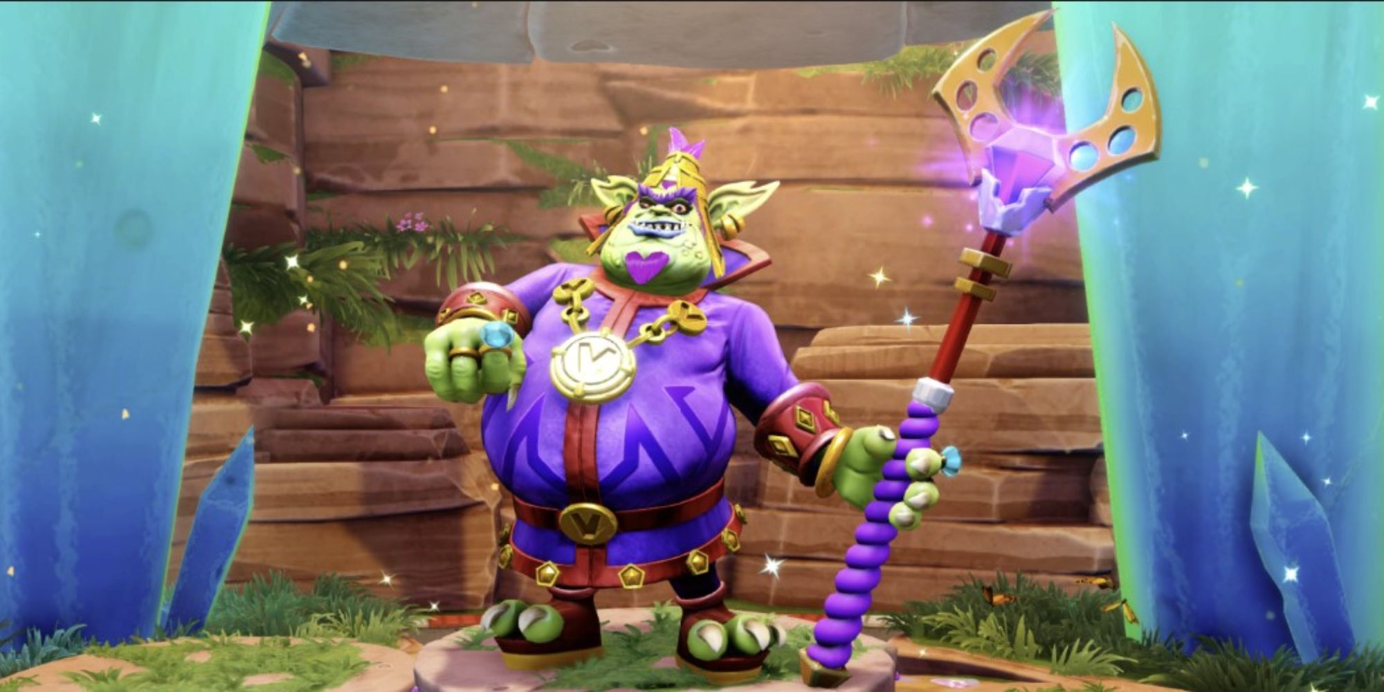 Emperor Velo XXVII from the Crash Bandicoot series in a purple robe carrying a weapon