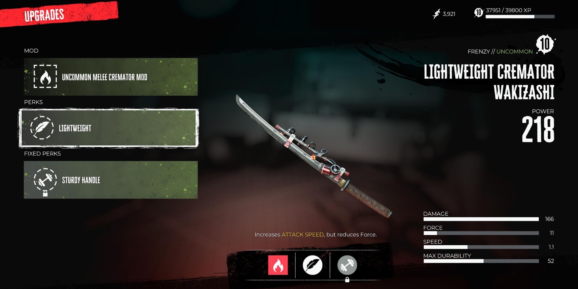 Wakizashi upgrade screen in Dead Island 2