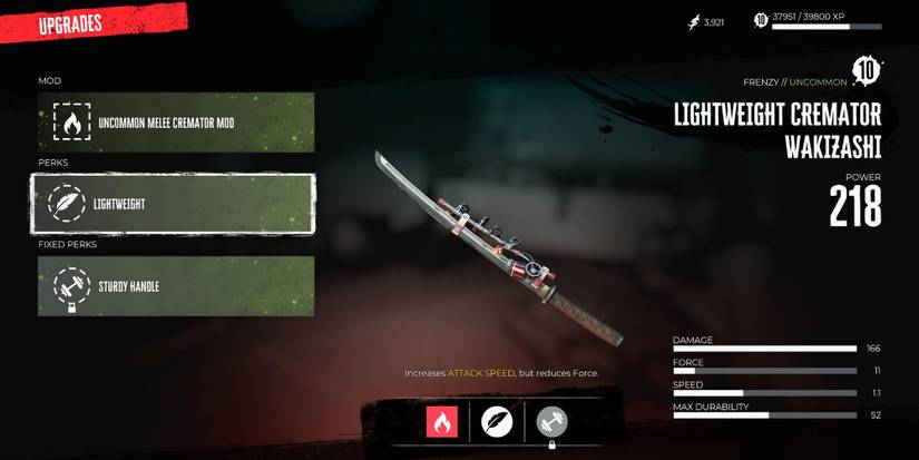 Wakizashi upgrade screen in Dead Island 2