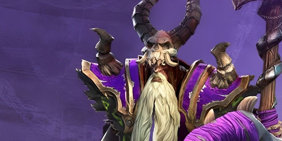 A necromancer from Warcraft 3: Reforged on a purple background