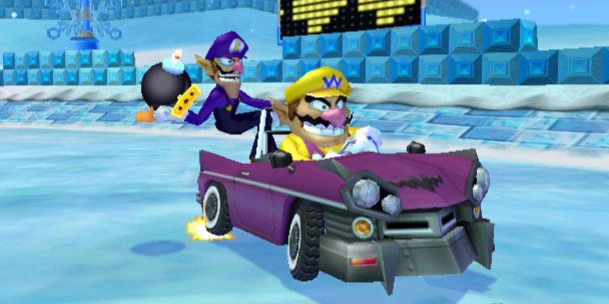 Wario driving a kart with Waluigi holding a Bob-Omb