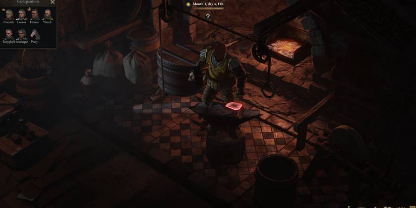 A blacksmith creating a shield in Wartales