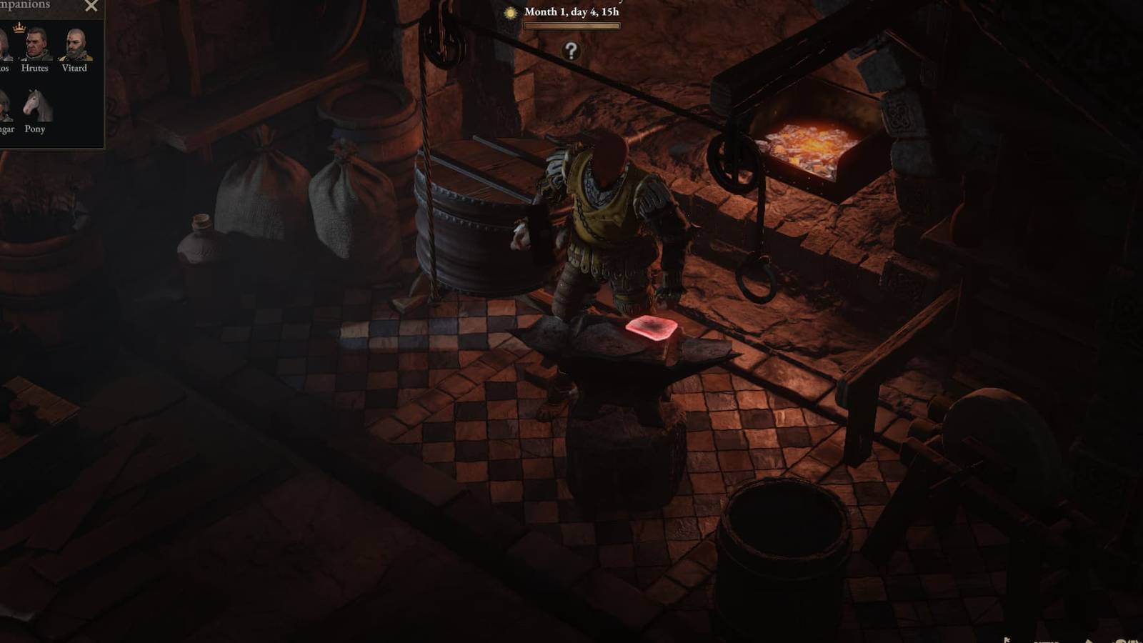 A blacksmith creating a shield in Wartales