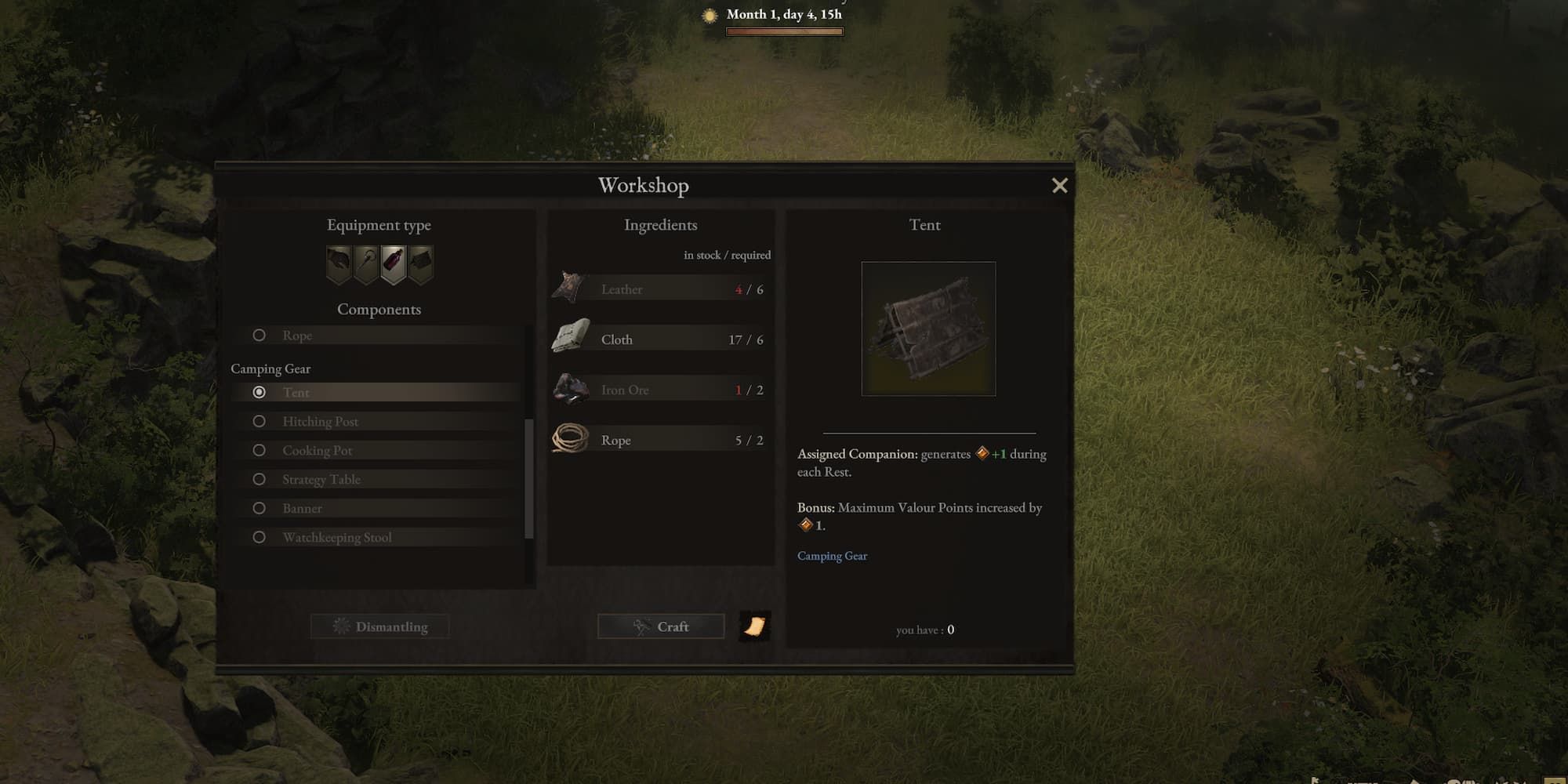 Camp gear crafting options in Wartales