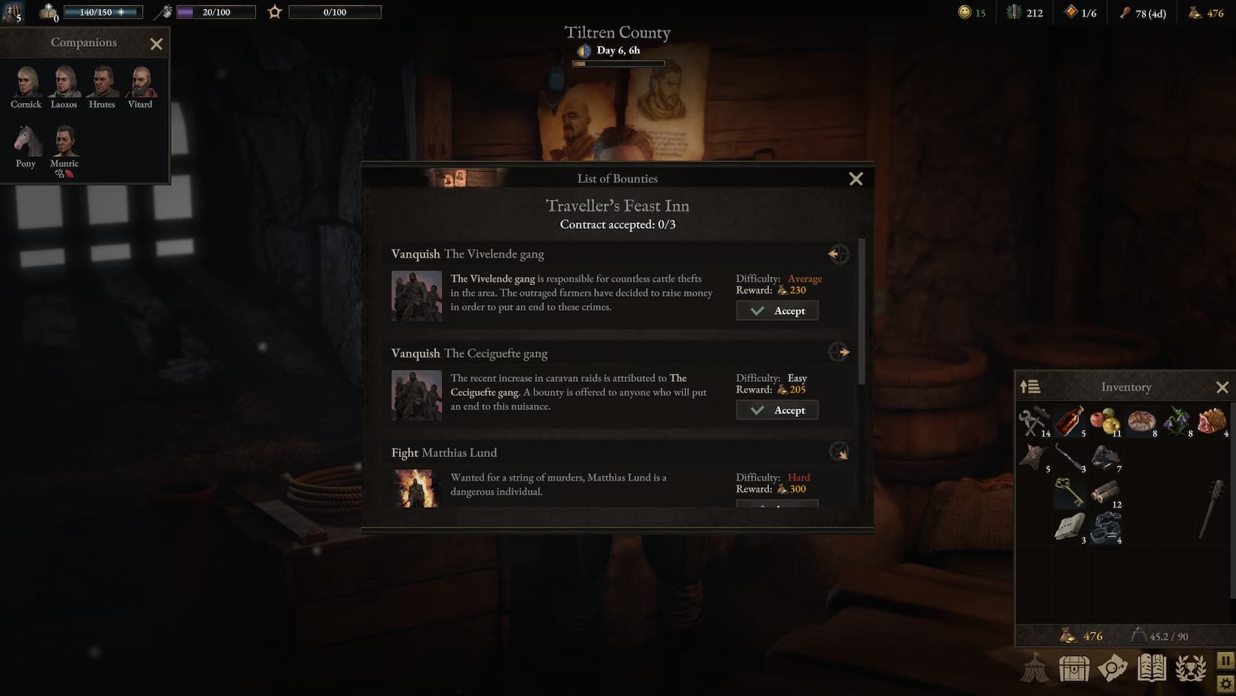 Several bounty missions from an inn in Wartales