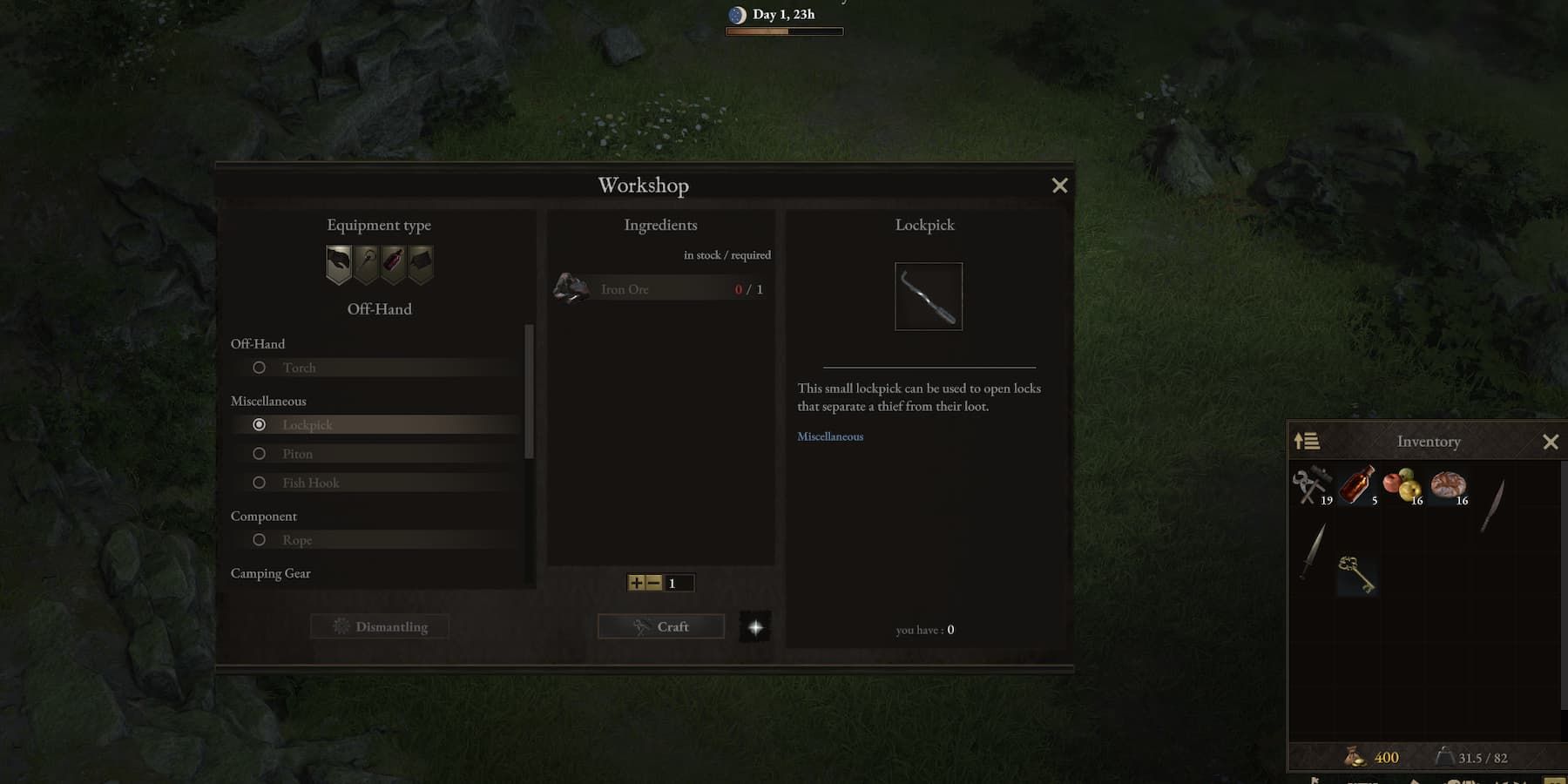 The camp crafting screen in Wartales