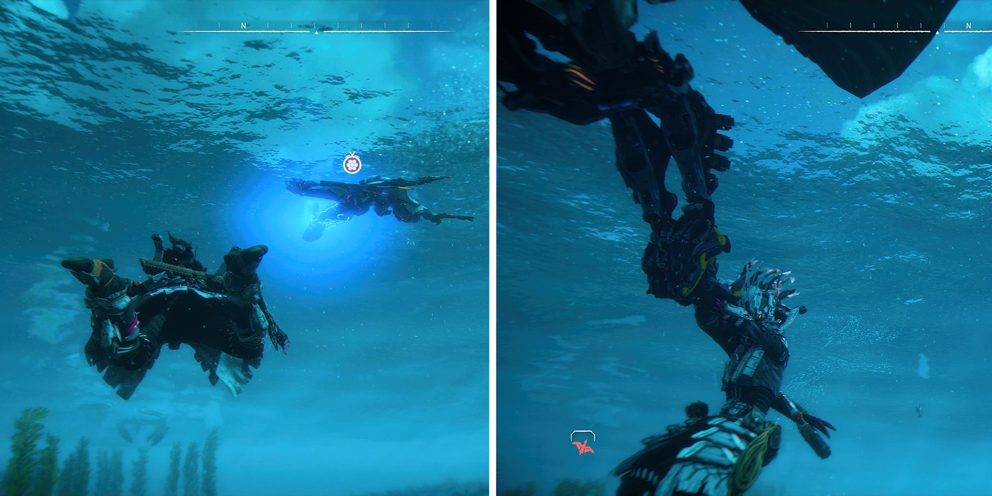 Aloy swimming with and mounting a Waterwing underwater