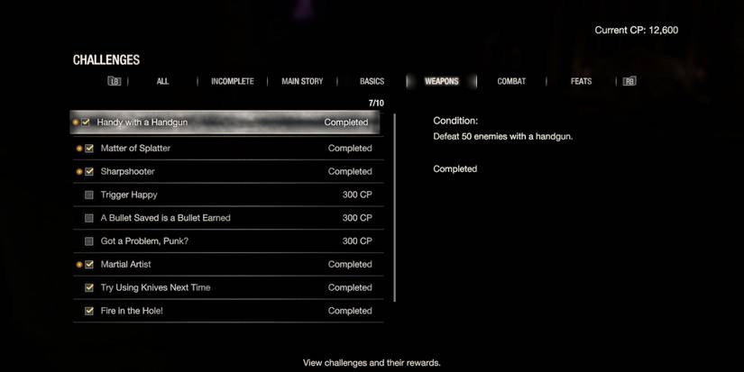 image showing all weapon challenges in the re4 remake.