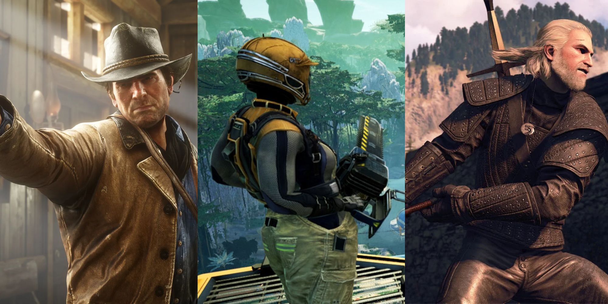 Split image of Arthur Morgan from Red Dead Redemption 2 aiming his gun, an astronaut from Satisfactory overlooking a factory, and Geralt from The Witcher 3, with his sword in a combat stance.
