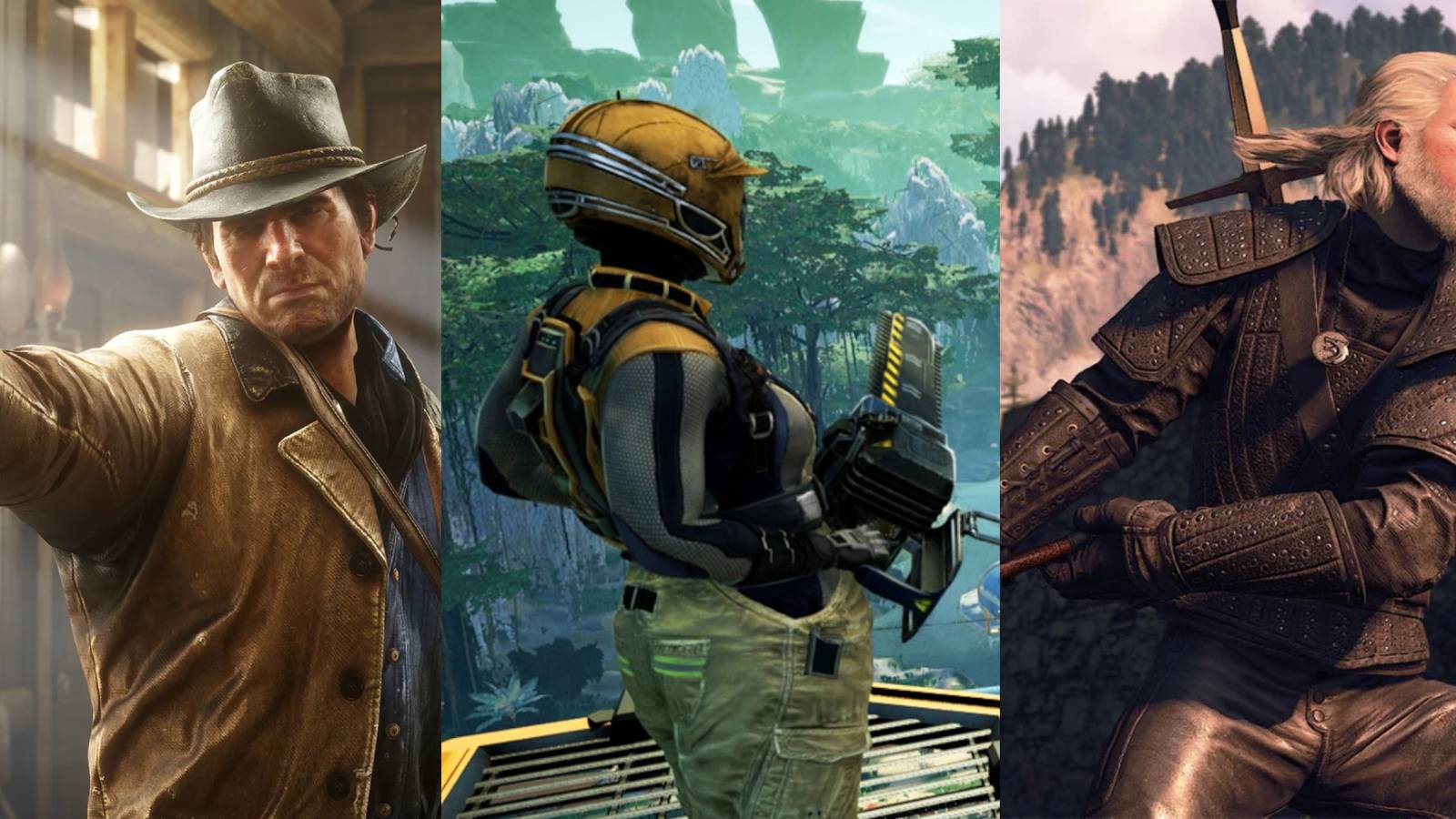 Split image of Arthur Morgan from Red Dead Redemption 2 aiming his gun, an astronaut from Satisfactory overlooking a factory, and Geralt from The Witcher 3, with his sword in a combat stance.