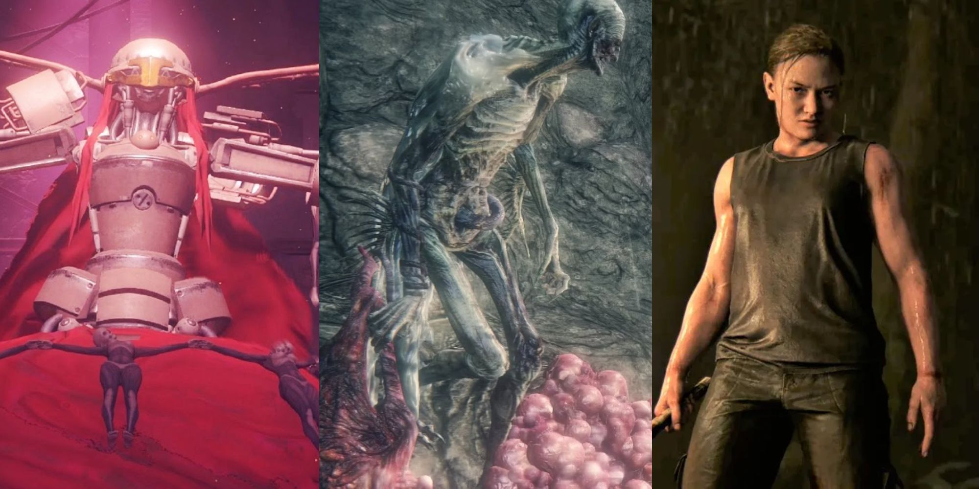 Split image: Opera Boss from NieR, Ophan of Kos from Bloodborne, and Abby from TLOU Part 2
