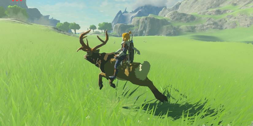 Link riding a deer in an open field.