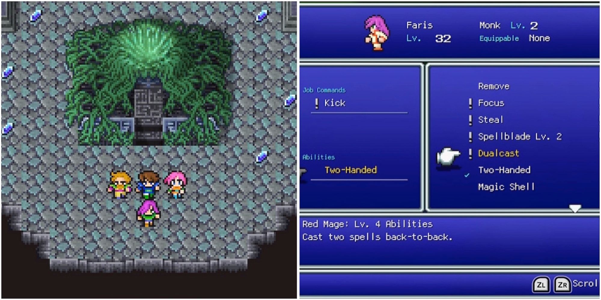 A cutscene featuring characters and Dualcast ability in Final Fantasy 5