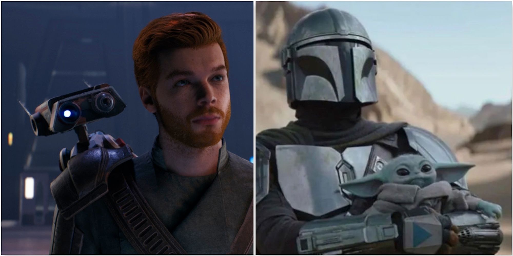 Cal And BD-1 in Star Wars Jedi Survivor and Din Djarin And Grogu in The Mandalorian