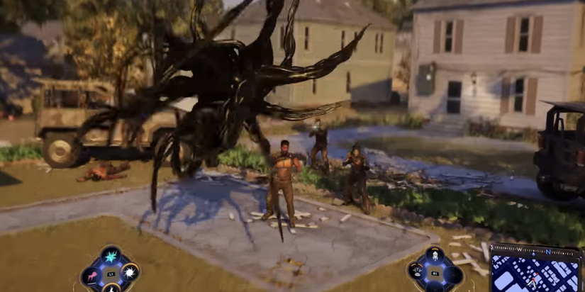 symbiote spider-man launching a wrecking ball into 3 enemies