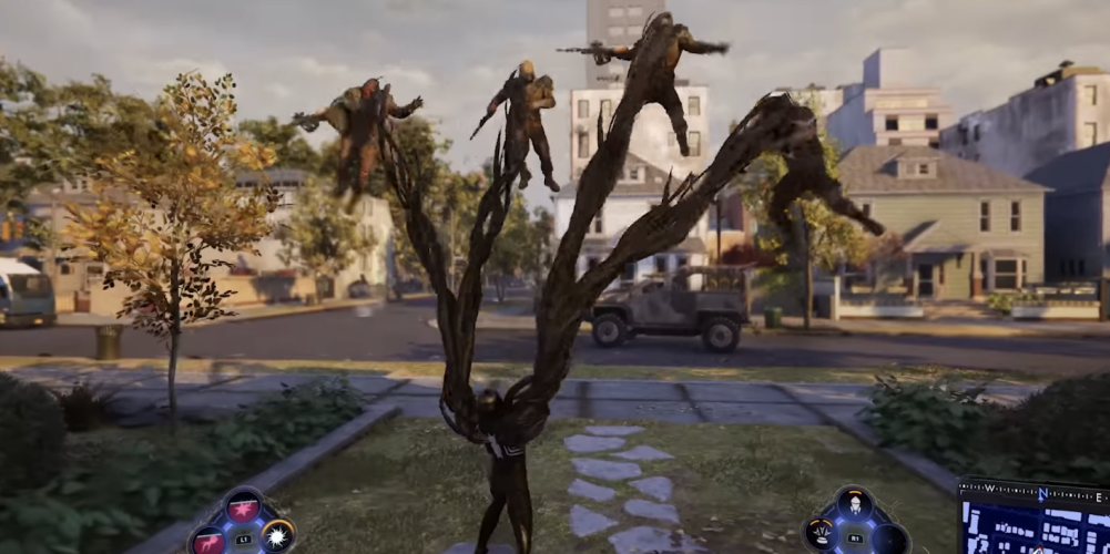 symbiote spider-man grabbing four armed men 
