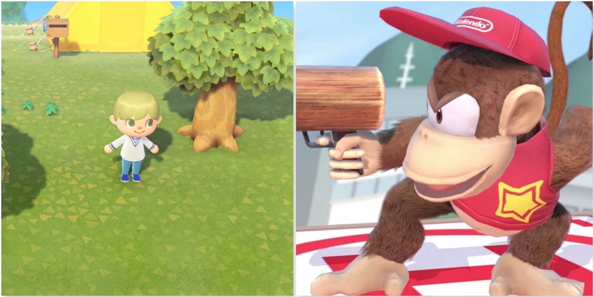 Exploring the island in Animal Crossing New Horizons and Diddy Kong in Super Smash Bros Ultimate