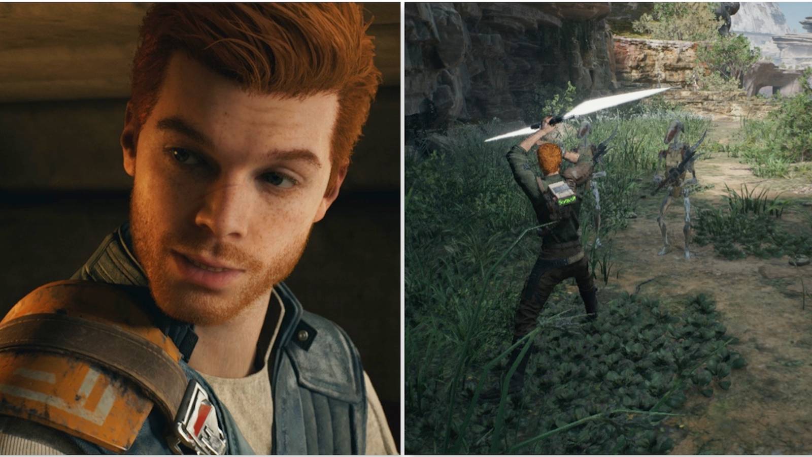 Cal and fighting enemies in Star Wars Jedi Survivor