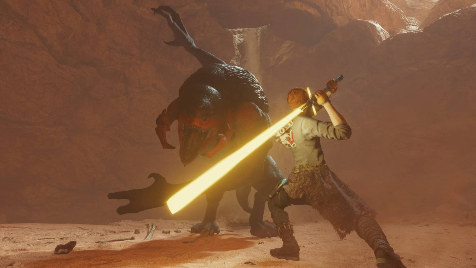 Cal swings his lightsaber at the Sutaban Alpha in Star Wars Jedi: Survivor