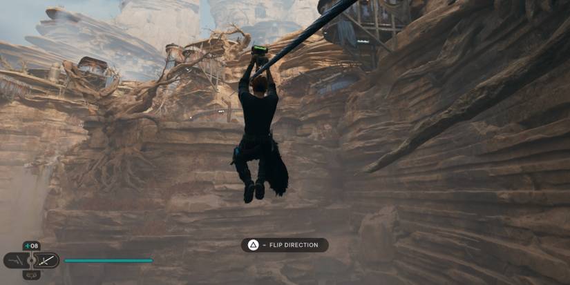 Cal hangs from a zipline in Star Wars Jedi: Survivor