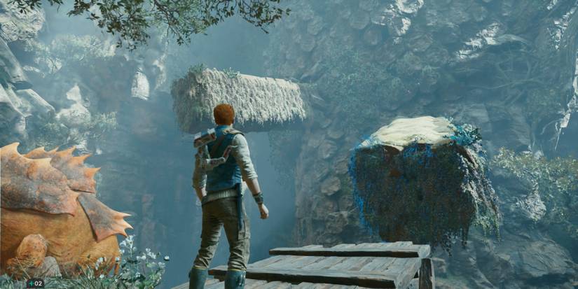 Cal uses Force Pull on two rock pillars in Star Wars Jedi: Survivor