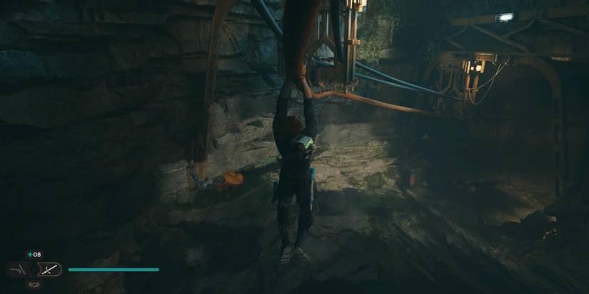 Cal hangs from a railing in Star Wars Jedi: Survivor