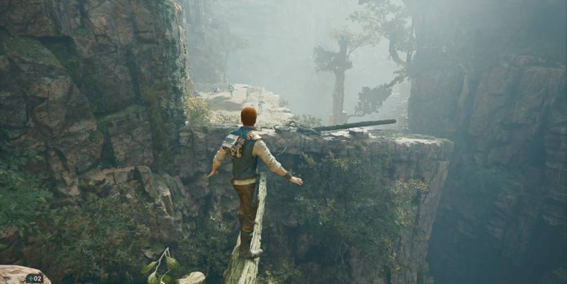 Cal walks across a log in Star Wars Jedi: Survivor