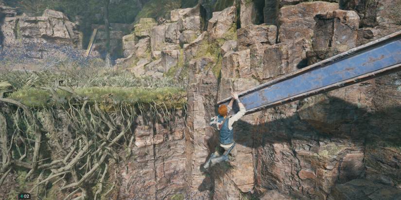 Climb hangs from a metal pole in Star Wars Jedi: Survivor