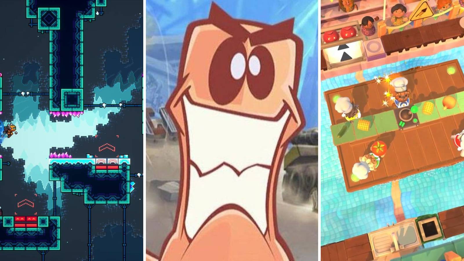 A grid showing three games developed by Team17, they are Super Magbot, Worms, and Overcooked! 2