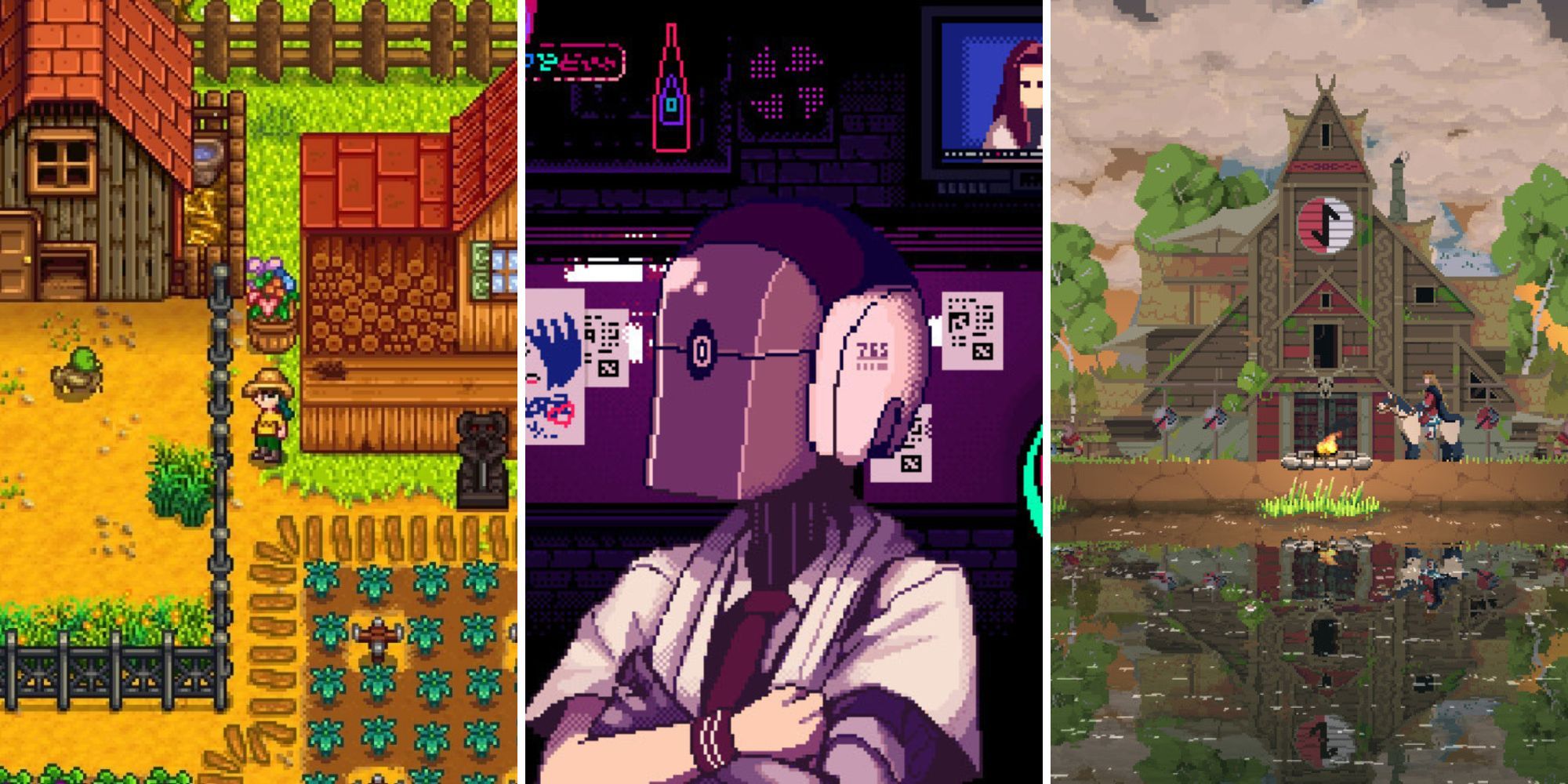 Uma grade mostrando três jogos de simulação pixelados: Stardew Valley, VA-11 Hall-A Cyberpunk Bartender Action e Kingdom Two Crowns.