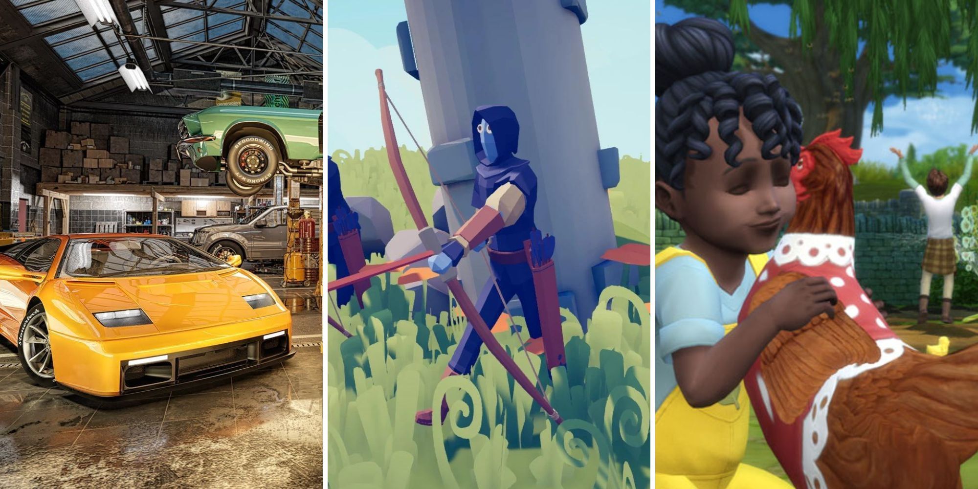 A grid of images showing the simulation games Car Mechanic Simulator 2021, Totally Accurate Battle Simulator, and The Sims 4