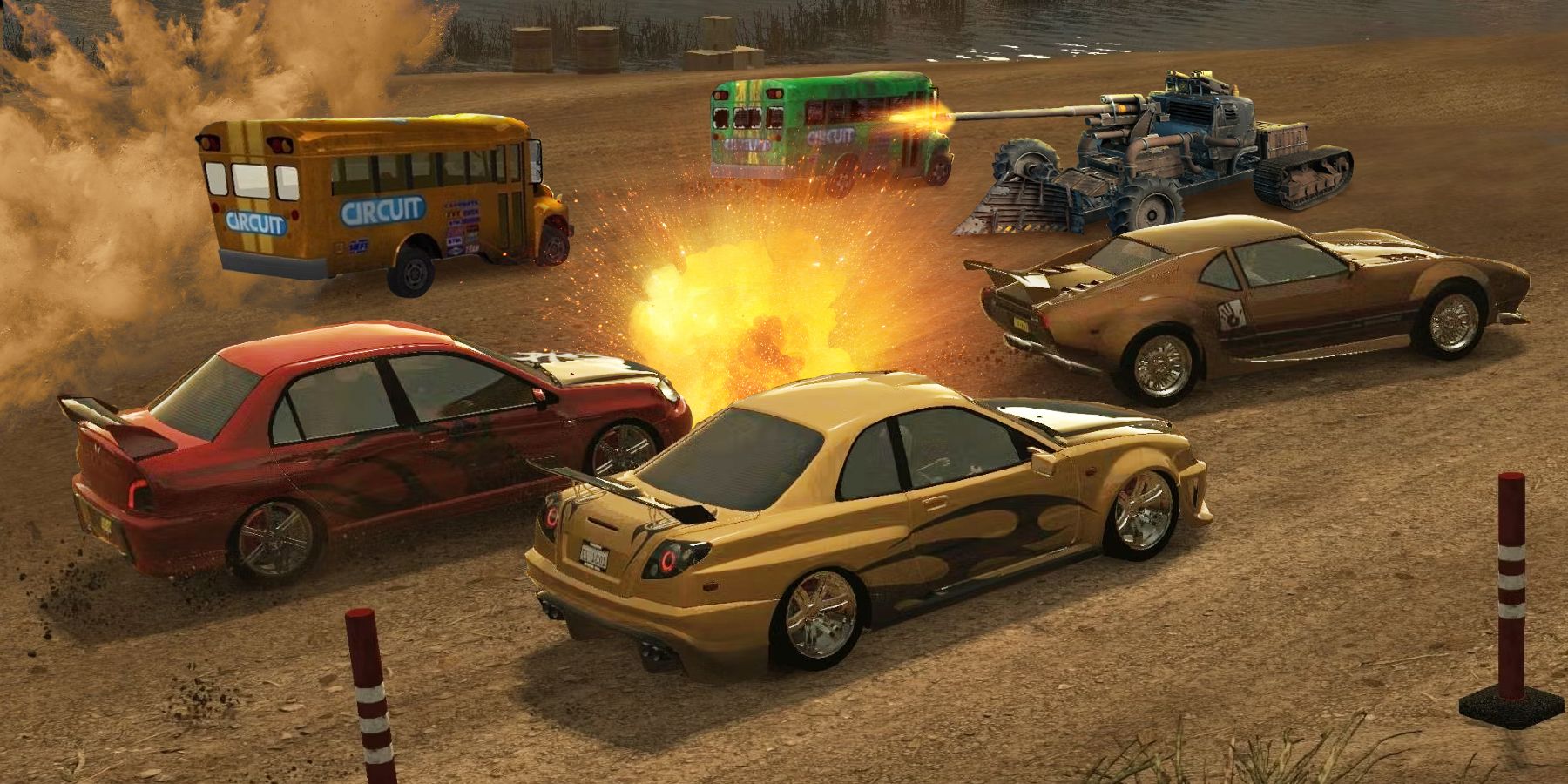cars from Flatout: ultimate carnage, destruction derby 2, and Crossout meet in destruction! 