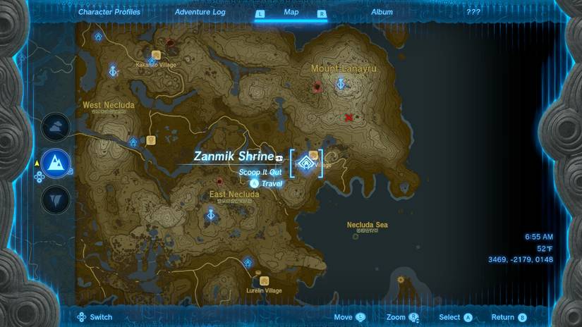 The location of Zanmik Shrine in Tears of the Kingdom