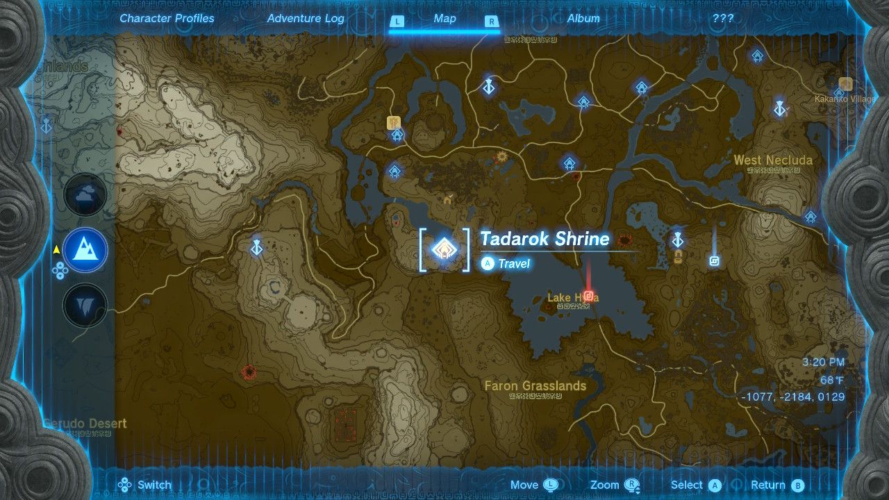 The location of Tadarok Shrine in Tears of the Kingdom