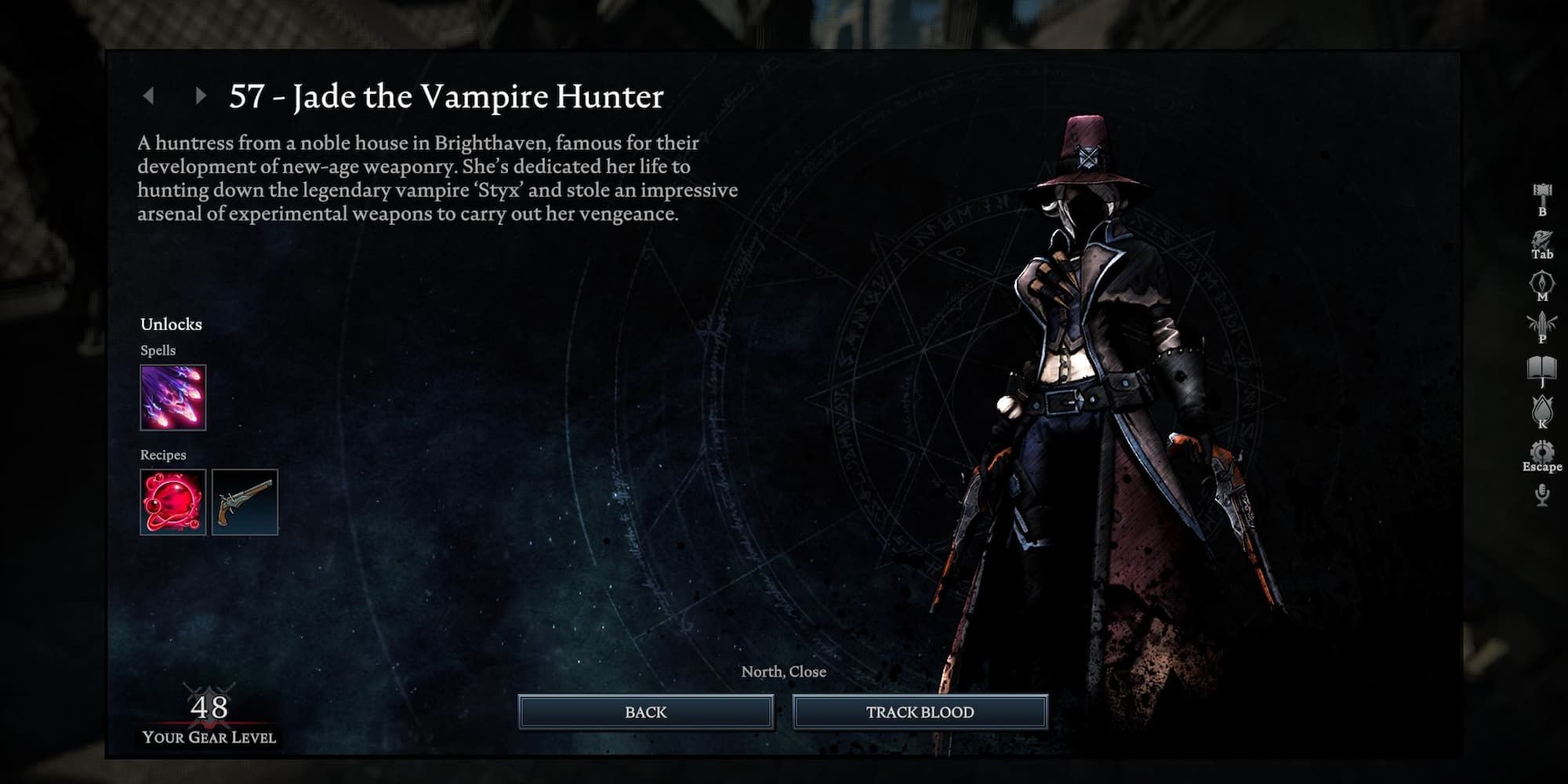 Information screen for Jade the Vampire Hunter in V Rising