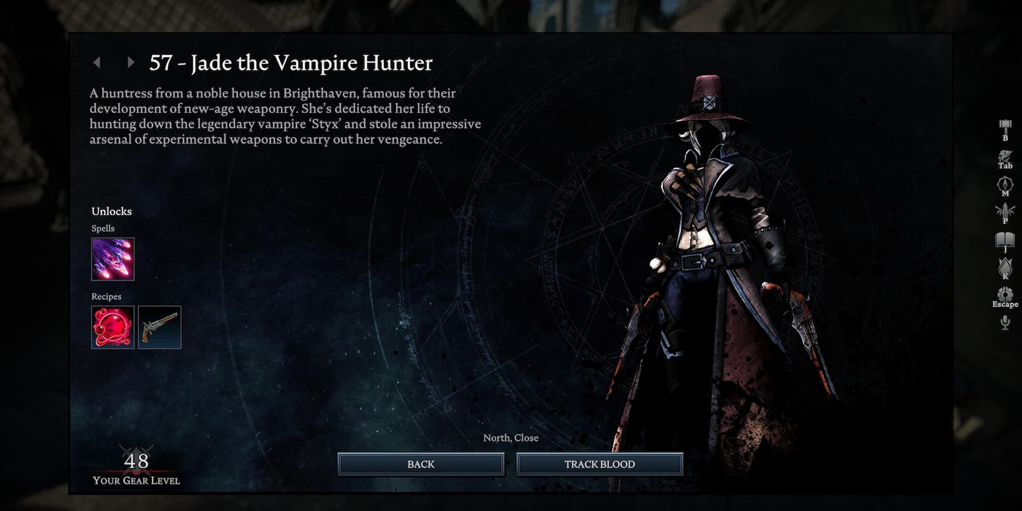 Jade the Vampire Hunter info screen in V Rising