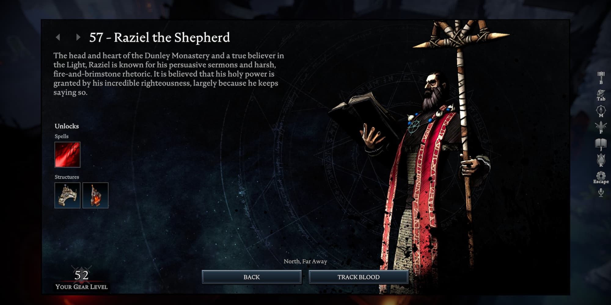 Raziel the Shepherd info screen in V Rising