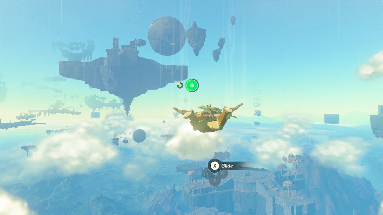 Link freefalling with a view of the Sky Mine islands in Tears of the Kingdom