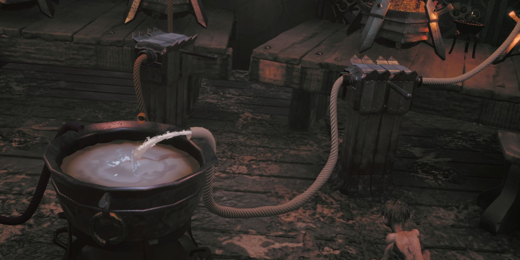 In The Lord of the Rings: Gollum, white liquid pours into a cauldron