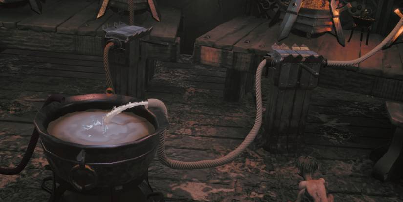 White liquid pours into a cauldron in The Lord of the Rings: Gollum