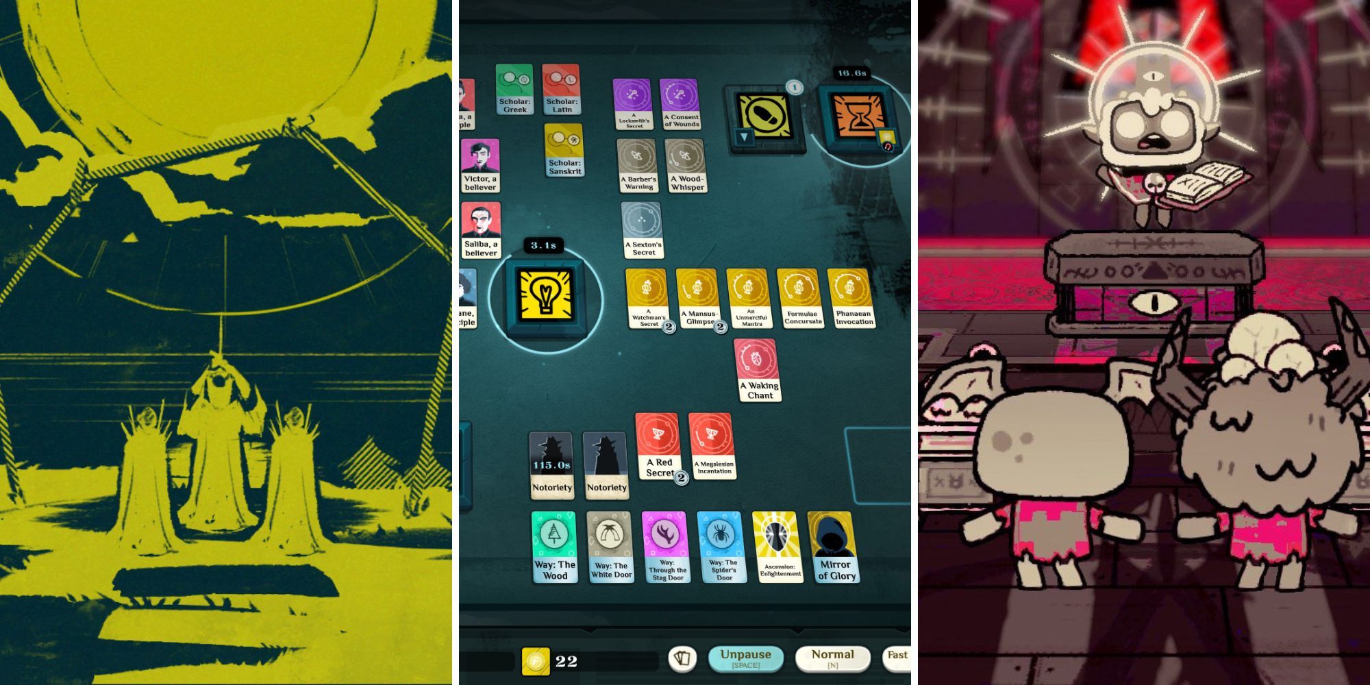 A grid of images showing the games The Shrouded Isle, Cultist Simulator, and Cult of the Lamb