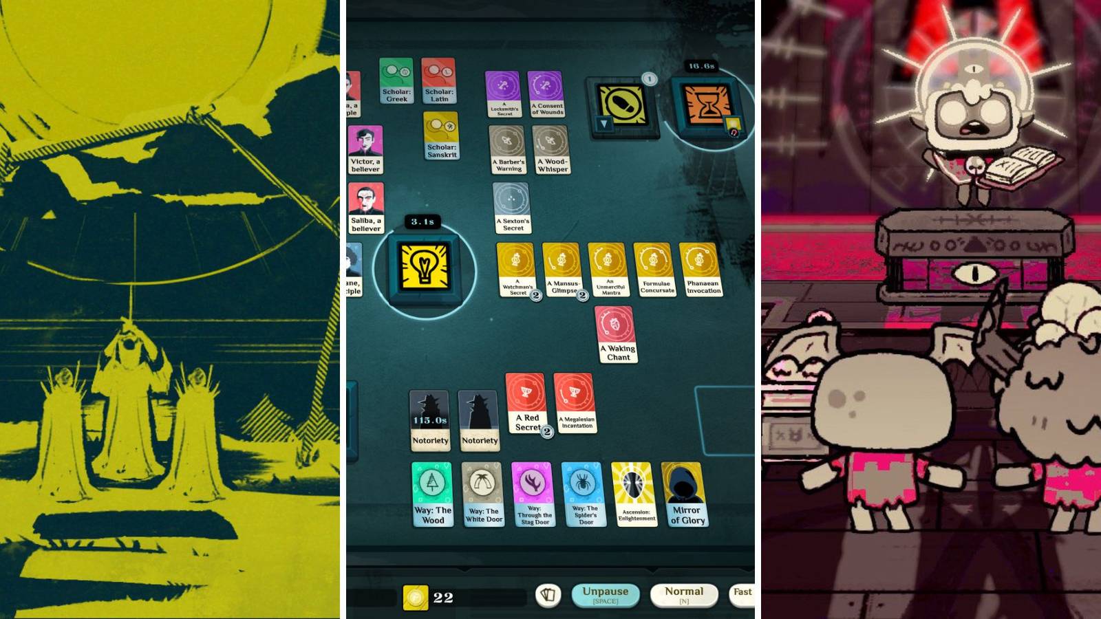 A grid of images showing the games The Shrouded Isle, Cultist Simulator, and Cult of the Lamb
