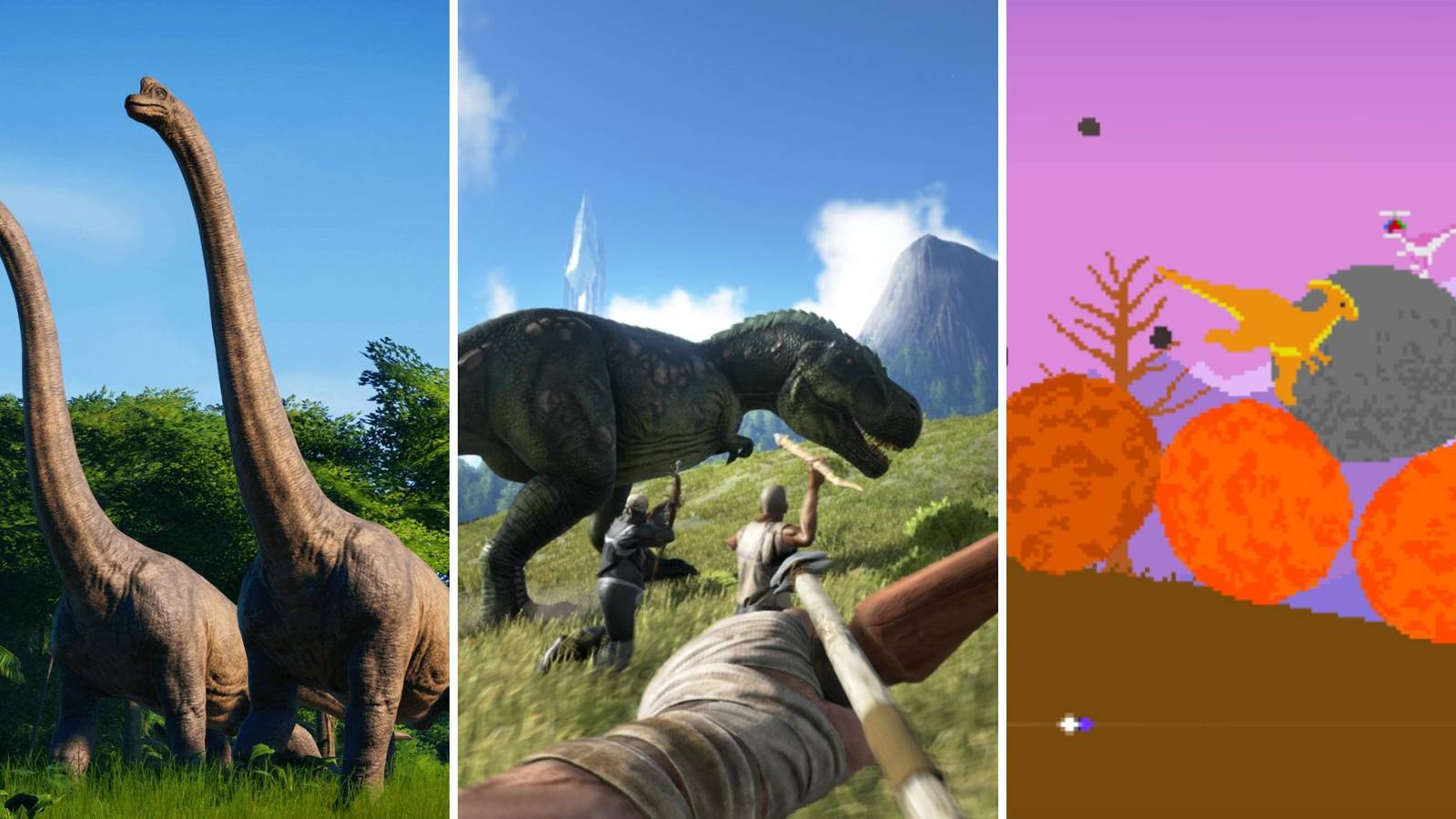 A grid showing the three dinosaur games Jurassic World Evolution, Ark: Survival Evolved, and Dino Run DX