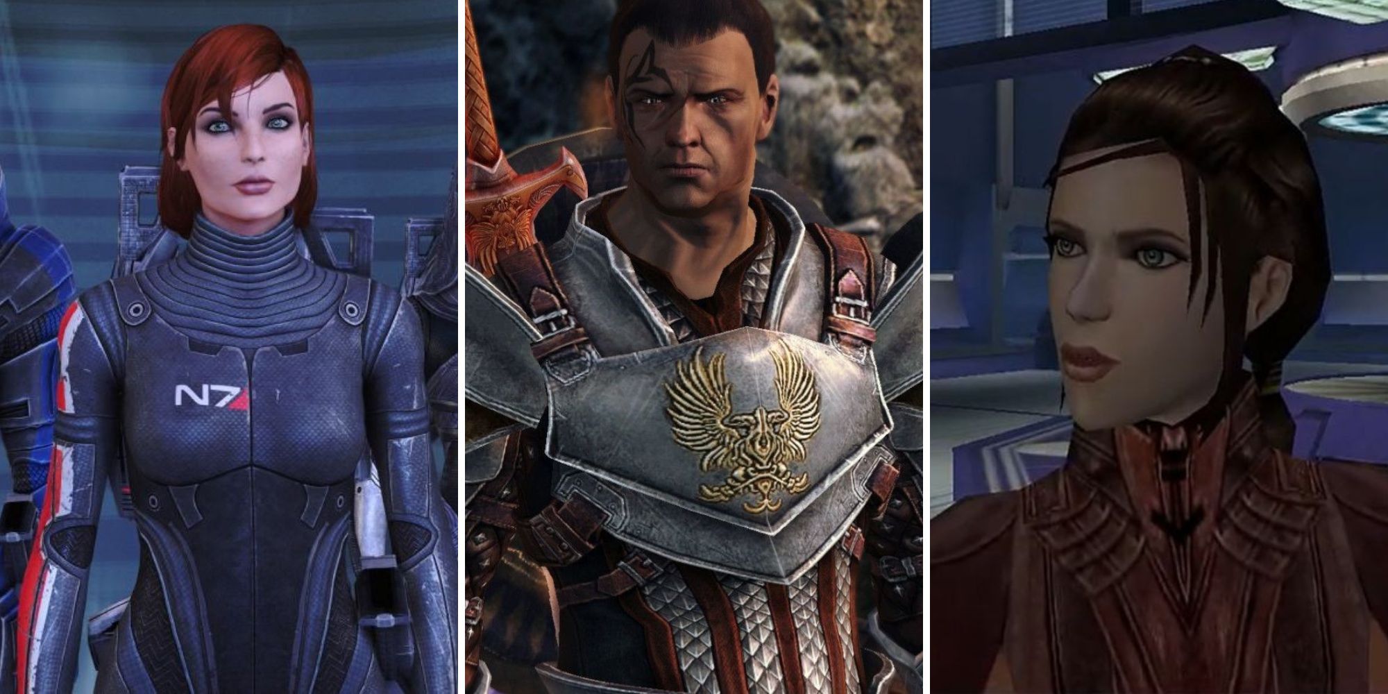 A grid showing three heroes from the BioWare games Mass Effect, Dragon Age: Origins, and Star Wars: Knights of the Old Republic